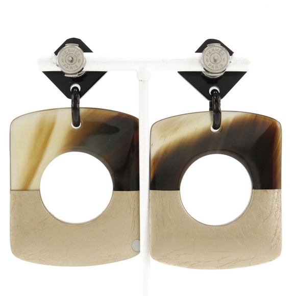 HERMÈS Bicolor Buffalo Horn Earrings Brown/Gold 14.0g Dalva - Picture 3 of 8